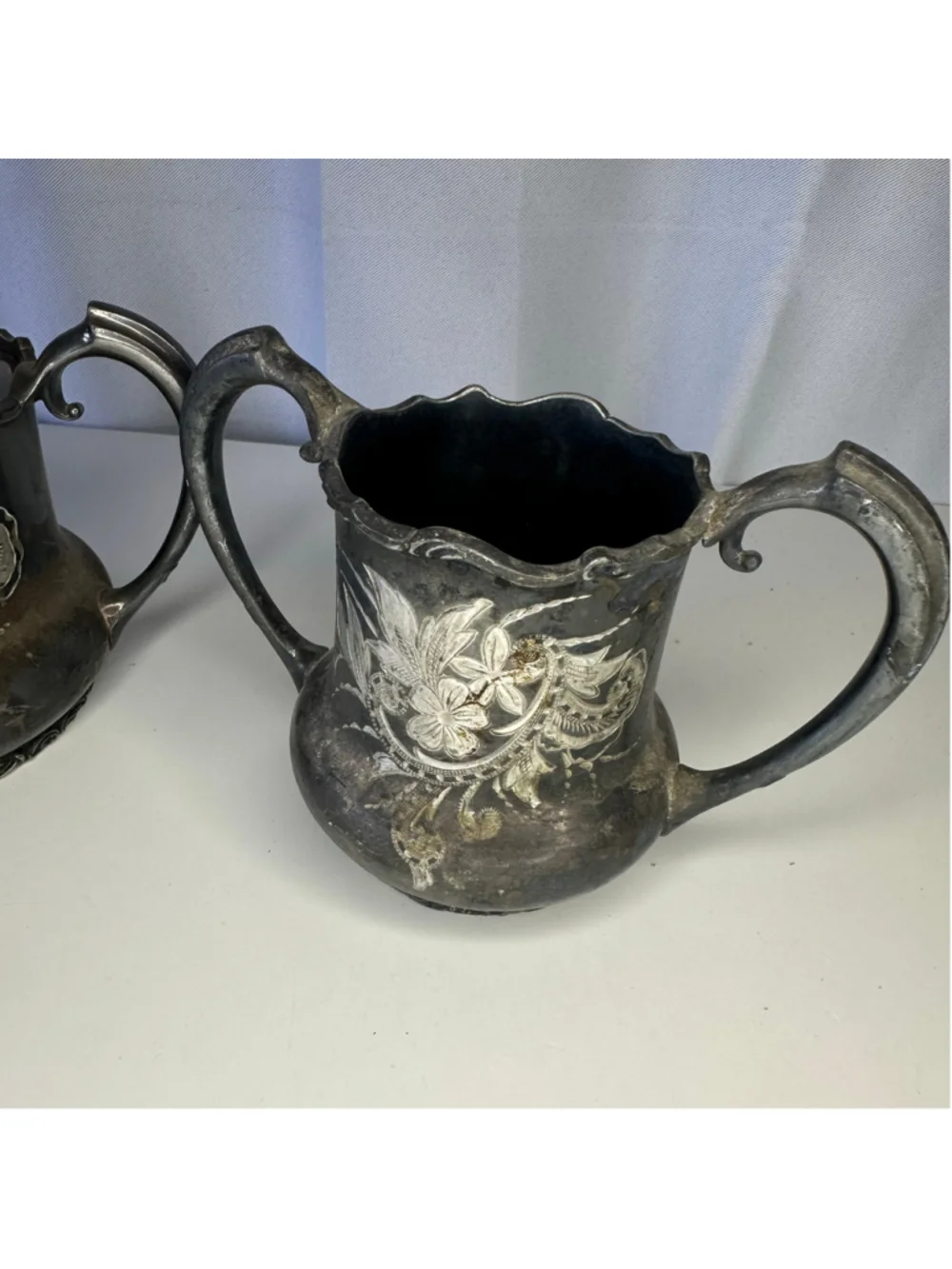 Antique Meriden B Company Quadruple Silverplate Sugar Bowl Set 132 Floral Etched